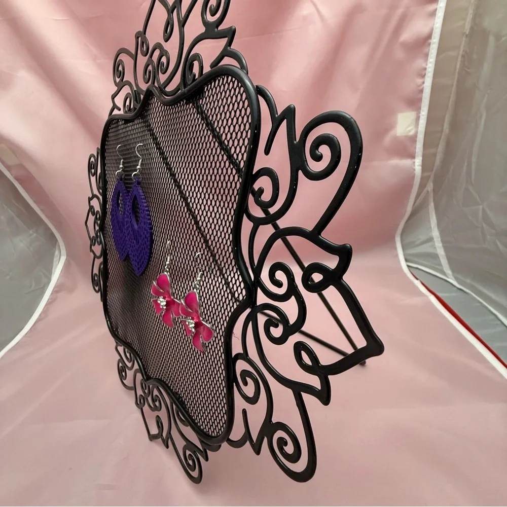 Earring Organizer Tabletop Metal Scrollwork Jewelry Holder Black Vintage Style